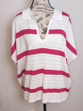 CYRUS | Women's Pink/White Striped V-Neck Open Knit Shirt Sleeved Sweater